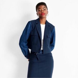 Future Collective Women's Contrasting Denim Cropped Blazer Navy Blue Size L